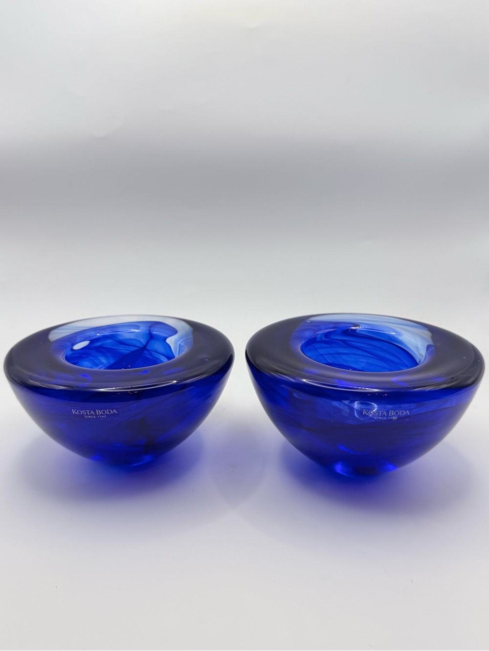Pair Kosta Boda Atoll Cobalt Blue Glass Votive Holders Anna Ehrner Sweden 69727